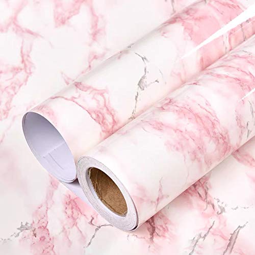 Glossy White/Pink Marble Contact Paper for Countertop Granite Wallpaper 15.8"×393" Marble Peel and Stick Wallpaper Self-Adhesive Removable Wall