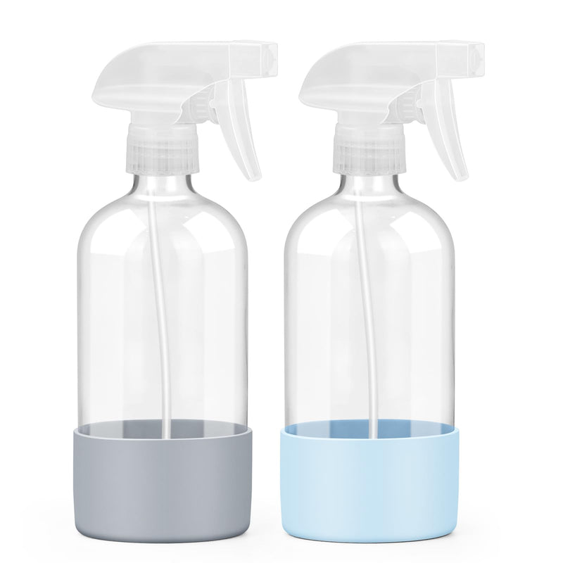Worldgsb 2 Pack Glass Spray Bottles with Silicone Sleeve, 16 oz Empty Refillable Containers with Adjustable Spray Nozzles, Spray Bottles for Hair,