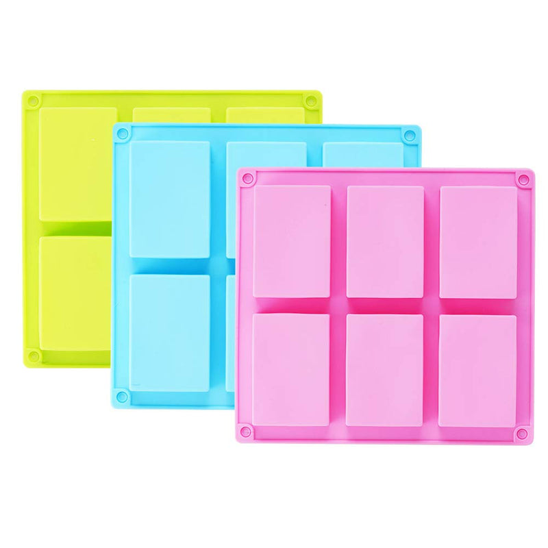 TDHDIKE 3 Pack Silicone Soap Molds(Blue & Pink & Green), 6 Cavities Silicone Baking Mold DIY Handmade Soap Making, Muffin, Loaf, Brownie,