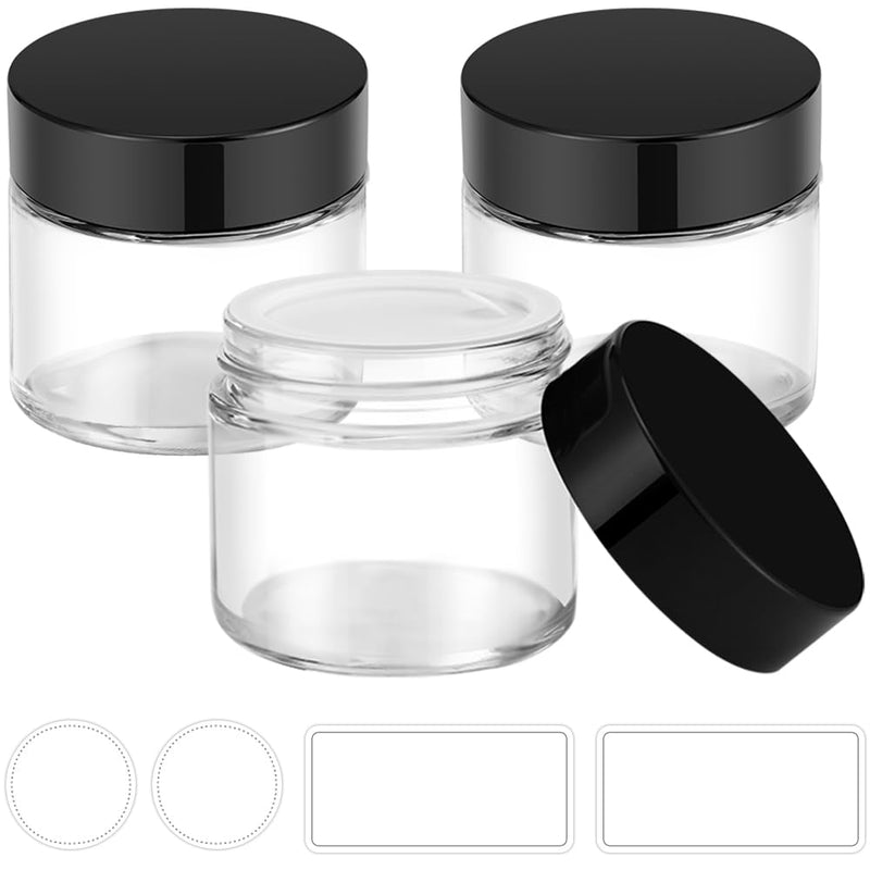 Small Glass Jars with Lids, 3 pack 2 oz Bumobum Clear Jars with Black Lids, Blank Labels & Inner Liners, 60 ml Empty Round Cosmetic Containers for