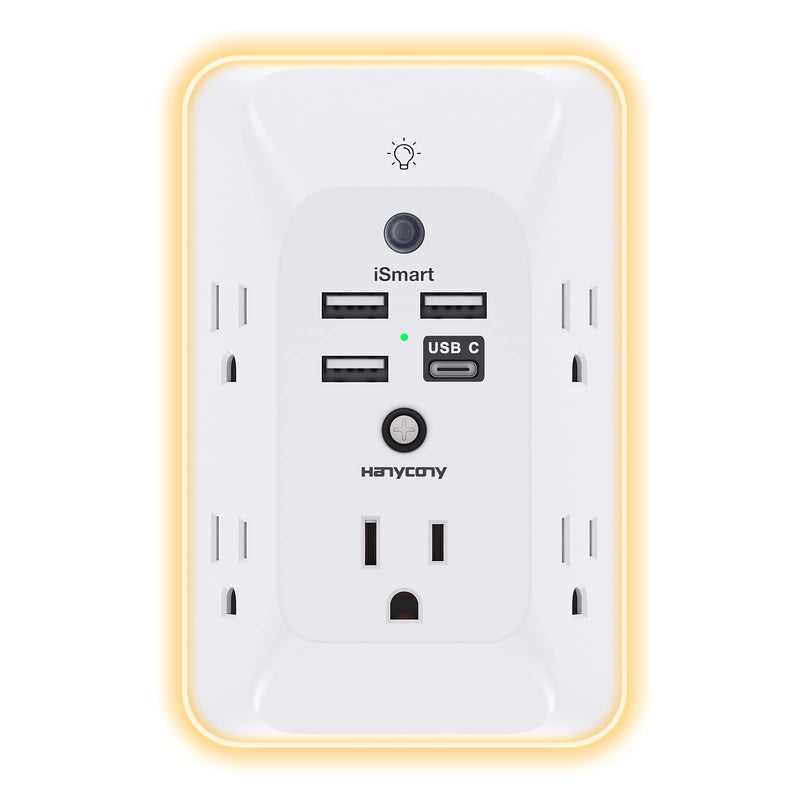 Outlet Extender with Night Light, HANYCONY Multi Plug Outlet, USB Wall Charger Surge Protector 4 USB Ports(1 USB C), Power Strip Electrical Outlet