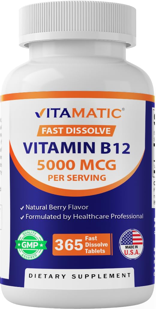 Vitamatic Vitamin B12 5000 Mcg â 365 Fast Dissolve Tablets Berry Flavor â Supports Energy Production & Nervous System Health â Non-Gmo,