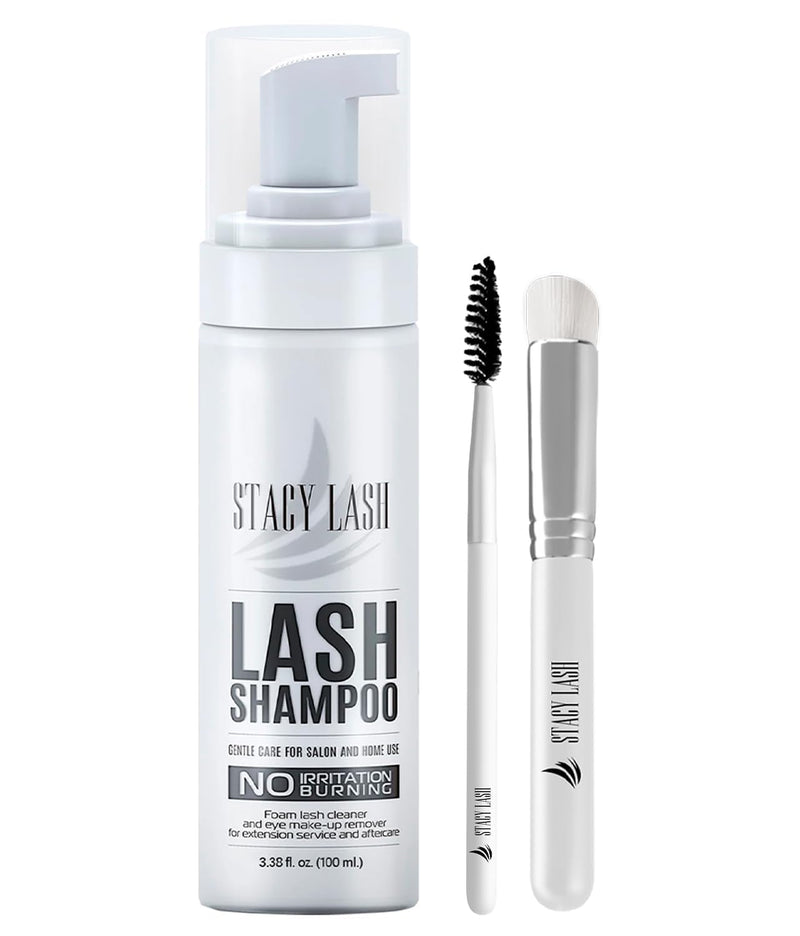 STACY LASH Eyelash Extension Shampoo + Brush / 3.38 Fl.Oz / 100Ml / Eyelid Foaming Cleanser/Wash for Extensions & Natural Lashes/Safe Makeup