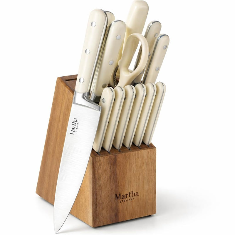 MARTHA STEWART Eastwalk 14 Piece High Carbon Stainless Steel Cutlery Kitchen Knife Block Set w/ABS Triple Riveted Forged Handle Acacia Wood Block