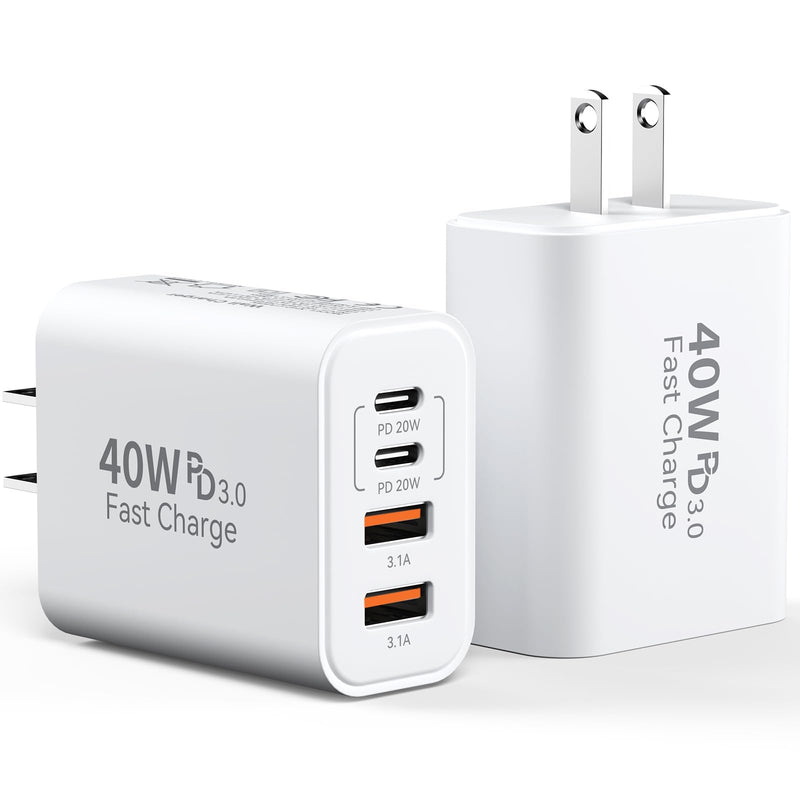 USB C Charger Block Multiple Ports Wall Charger Fast Phone Charging Blocks White 40W 2A+2C Ports