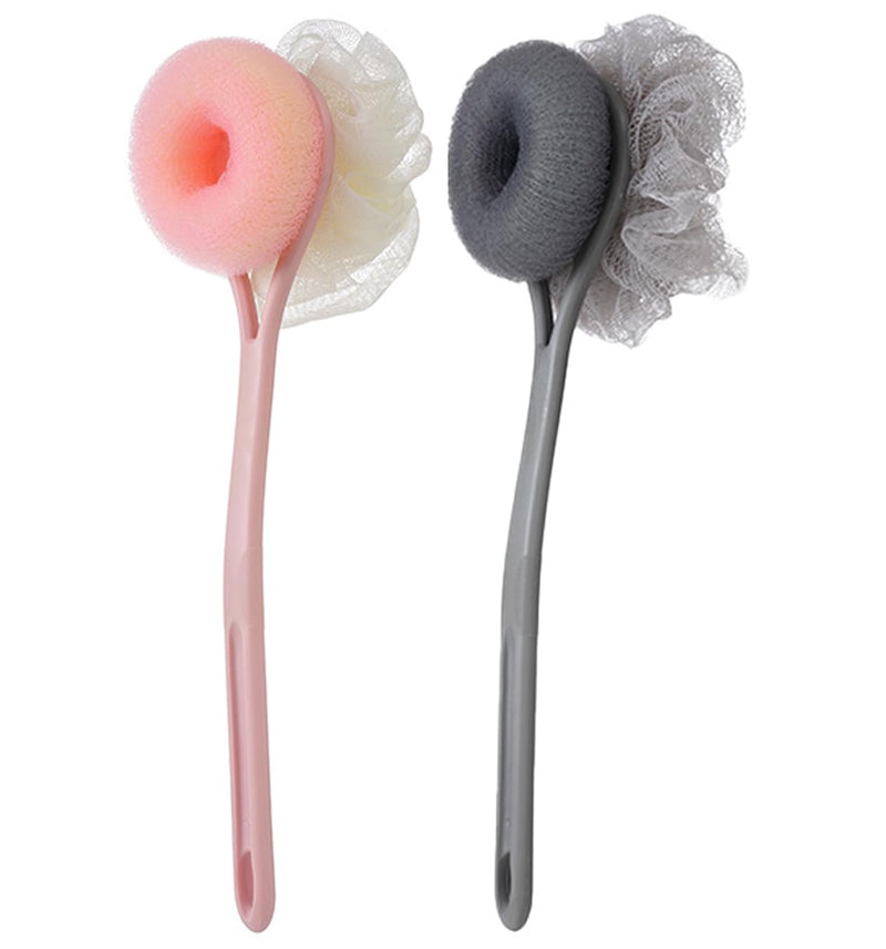 AARAINBOW 2 Packs Shower Body Brush with Bristles and Loofah, Back Scrubber Mesh Sponge with Curved Long Handle for Skin Exfoliating Bath, Massage