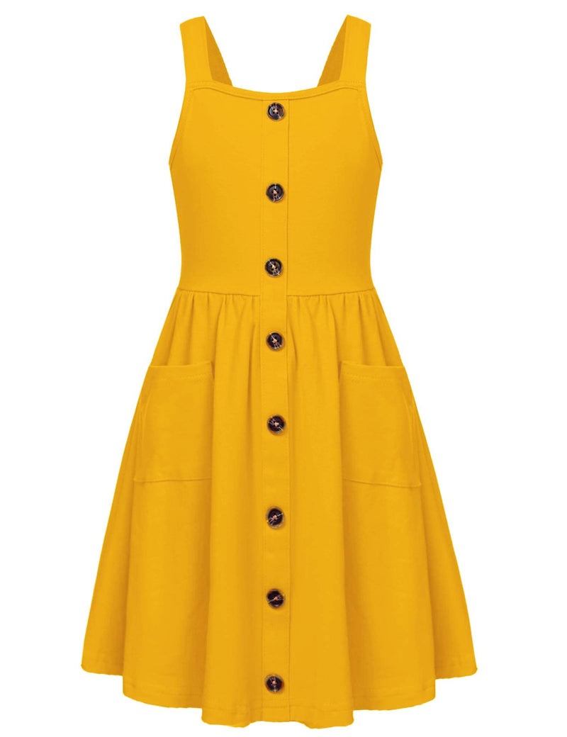 Arshiner Girl's Spaghetti Strap Button Down Summer Casual Sundress Dress | Midi, Sleeveless, A-line, with Pockets 9-10 Years Mustard