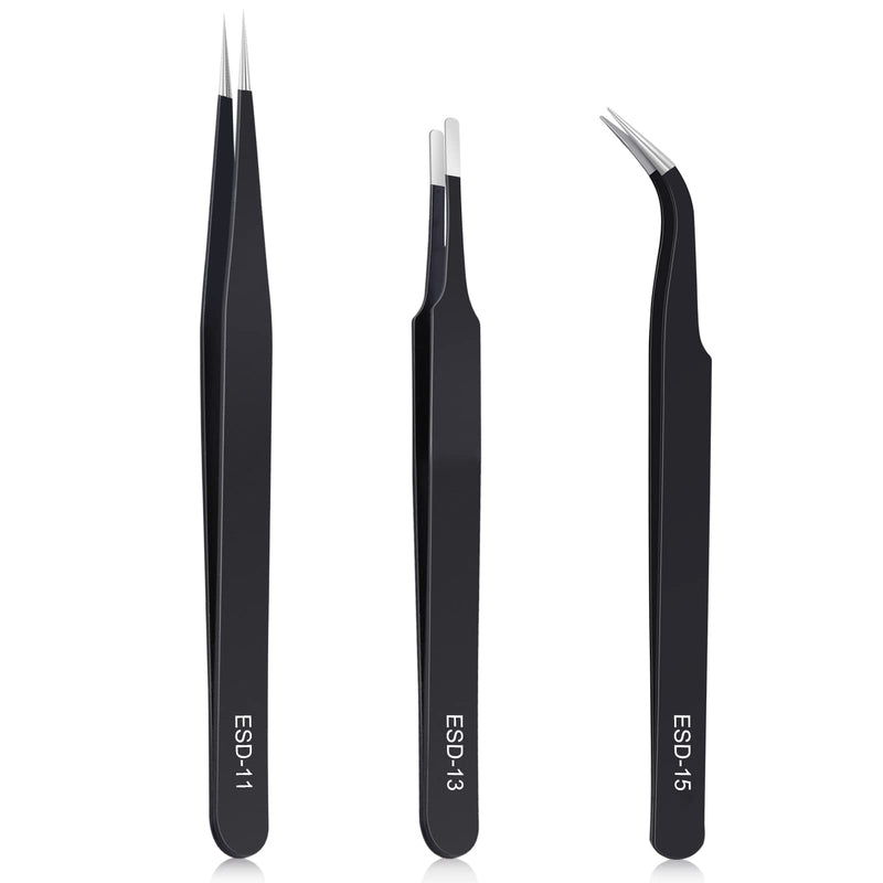 3PCS Precision Tweezers Set, Upgraded Anti-Static Stainless Steel of Tweezers, for Electronics, Soldering, Laboratory Work, Jewelry-Making, Model,