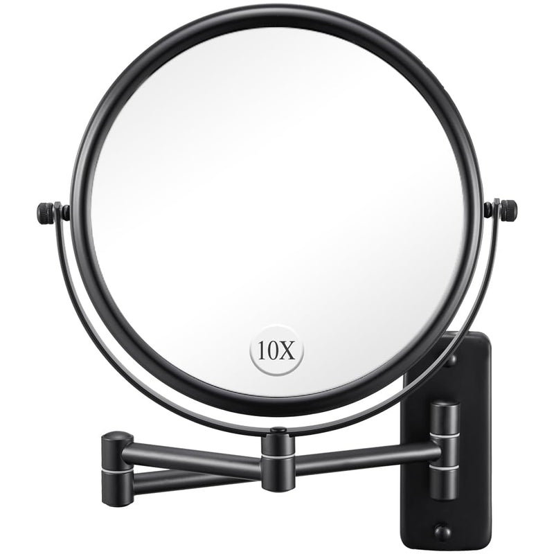 Wall Mounted Makeup Mirror - 1X/10X Magnifying Mirror for Wall, 8 Inch Double Sided 360ð Swivel Extendable Bathroom Mirror for Shaving, Black