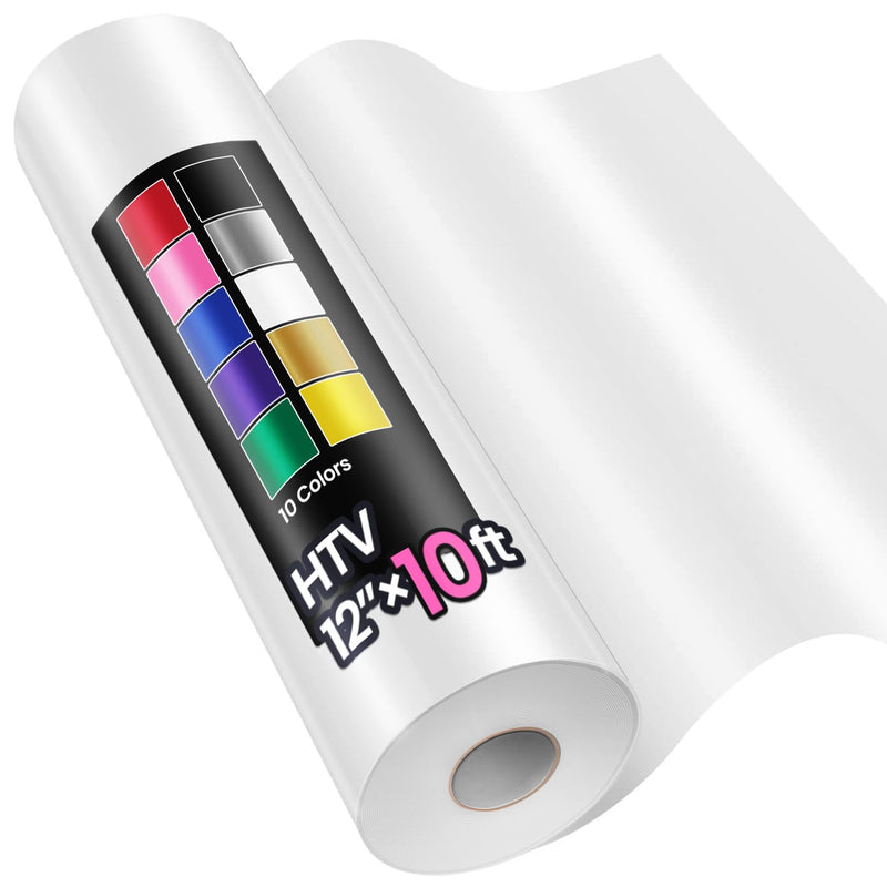 12" x 10ft Heat Transfer Vinyl HTV Rolls White, Sooez HTV Vinyl for T-Shirt, Iron on Vinyl, Easy to Cut & Weed for DIY Heat Vinyls Design White