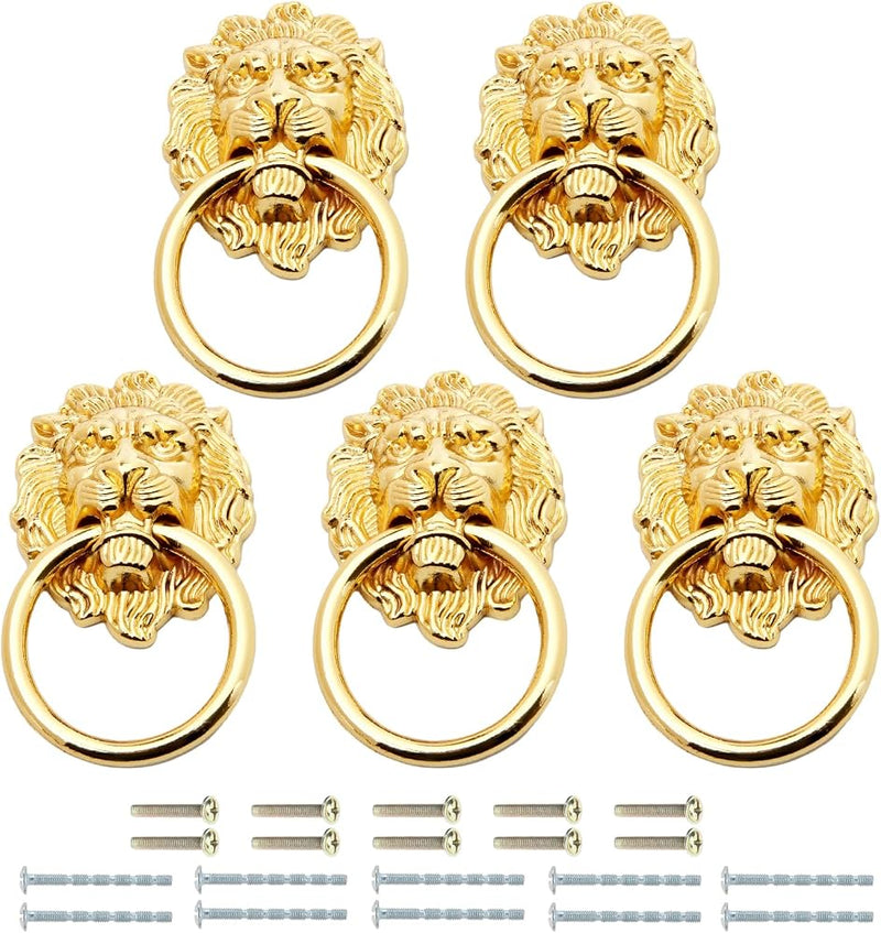 Mgoodoo 5Pcs Drawer Lion Head Pull Handle Knob Dresser Cabinet Pull Ring 1.97X3.54Inch Classical Antique Style Zinc Alloy Handle (Large|Gold)