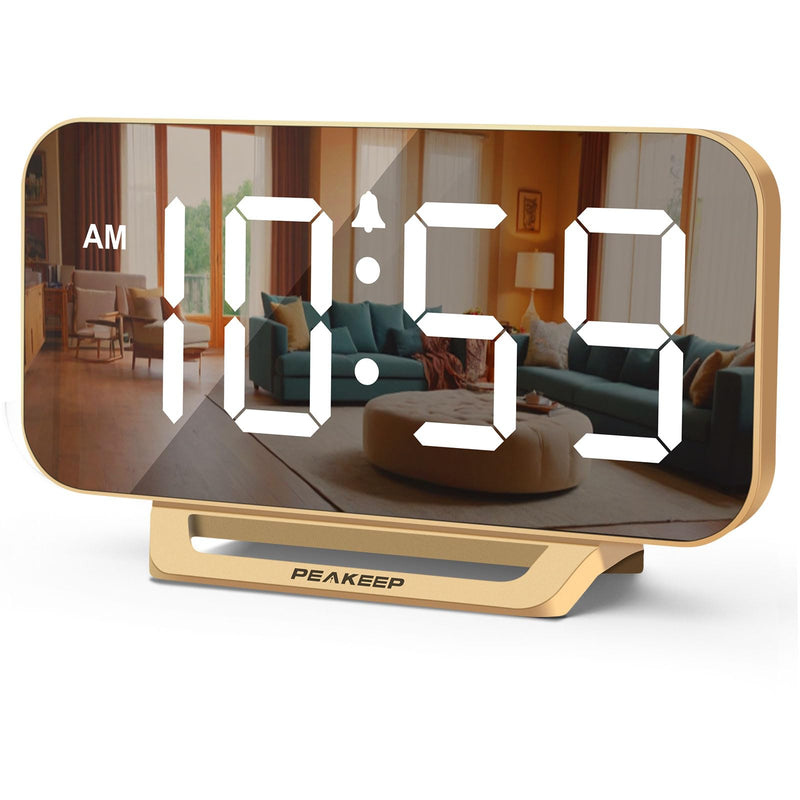 Peakeep Slim Digital Mirror Aesthetic Alarm Clock for Bedrooms Desk Decor - Plug in Electric Big LED Modern Small Clock for Office Living Room,