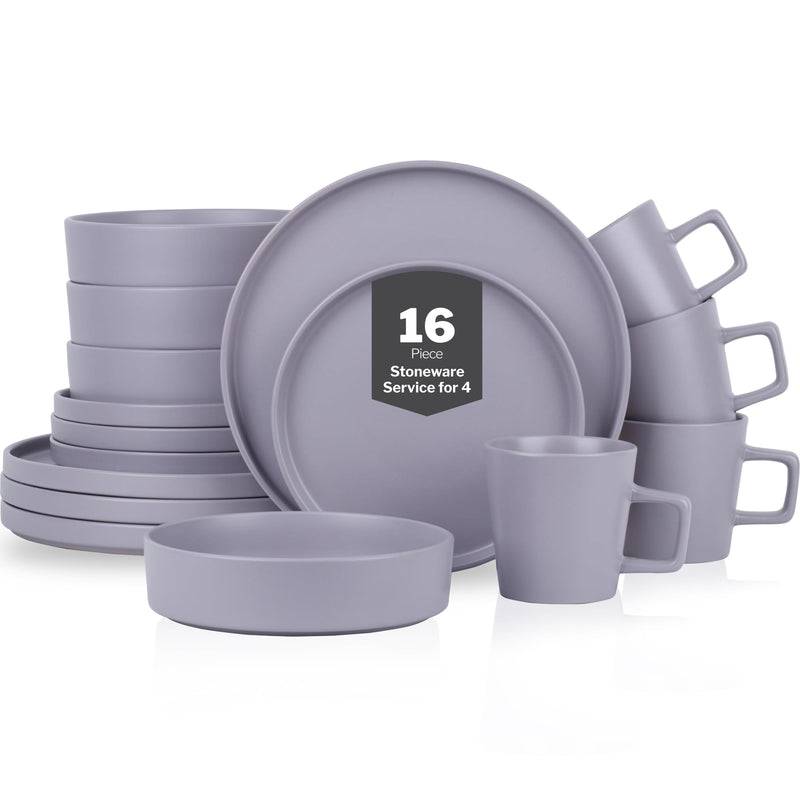 Stone Lain Cleo Stoneware 16-Piece Modern Dinnerware Set, Plates and Bowls, Light Gray, Service for 4, Microwave & Dishwasher Safe Dinnerware Set