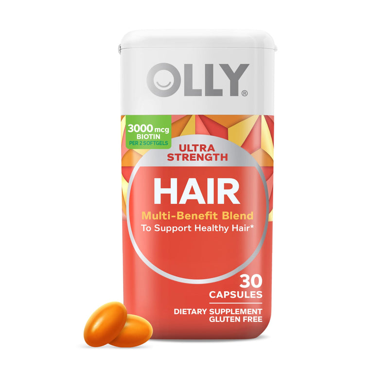 OLLY Ultra Strength Hair Softgels, Supports Hair Health, Biotin, Keratin, Vitamin D, B12, Hair Supplement, 30 Day Supply - 30 Count (Packaging May
