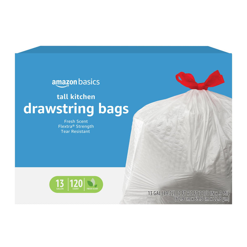 Amazon Basics Flextra Strength Tall Kitchen Drawstring Trash Bags, Fresh Scent, Tear Resistant, 13 Gallon, 120 Count 120 Count (Pack of 1)