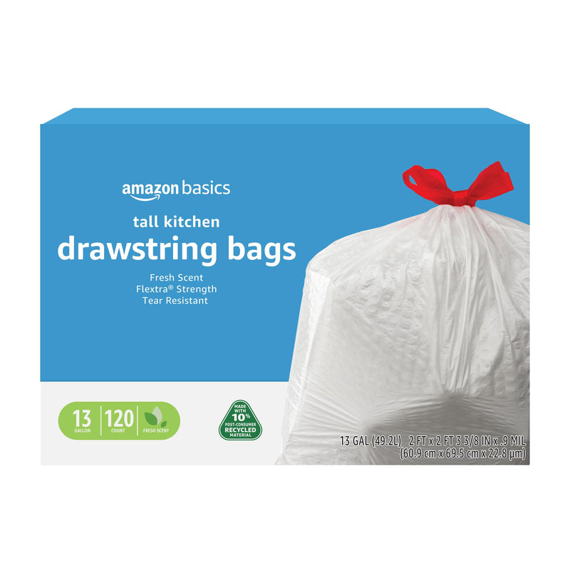 Amazon Basics 13 Gallon Tall Kitchen Drawstring Trash Bags, Flextra Strength, Clean Fresh Scent, Tear Resistant, 0.9 mil Thickness, 10% Post