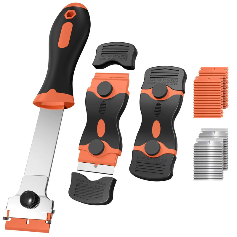 Ywmoml 3 Pack Razor Blade Scraper Set, Includes 30 Plastic & 30 Metal Blades, Multi-Purpose Tool for Glass, Cooktop, Sticker Removal, Paint & Gum