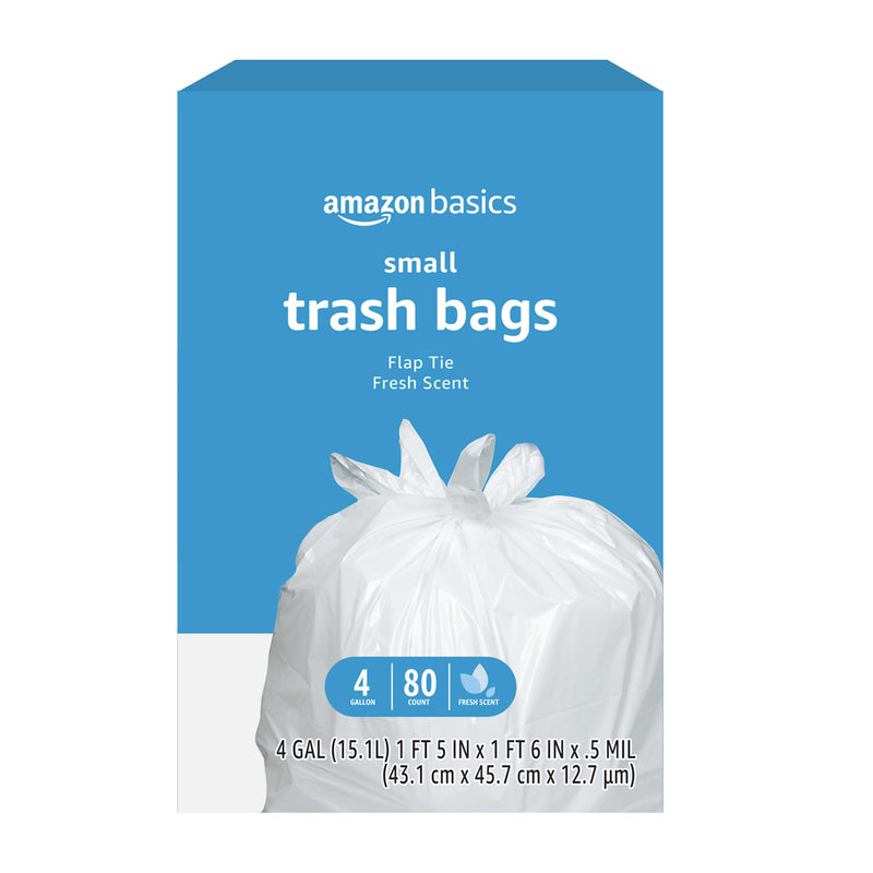 Amazon Basics Small 4 Gallon Trash Bags with Flap Ties, Fresh Scent, Odor Control, 0.5 mil Thick, 80 Count 80 Count (Pack of 1)