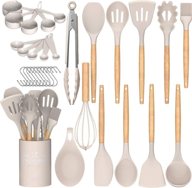 Umite Chef Kitchen Cooking Utensils Set, 33 pcs Non-Stick Silicone Cooking Kitchen Utensils Spatula Set with Holder, Wooden Handle Silicone