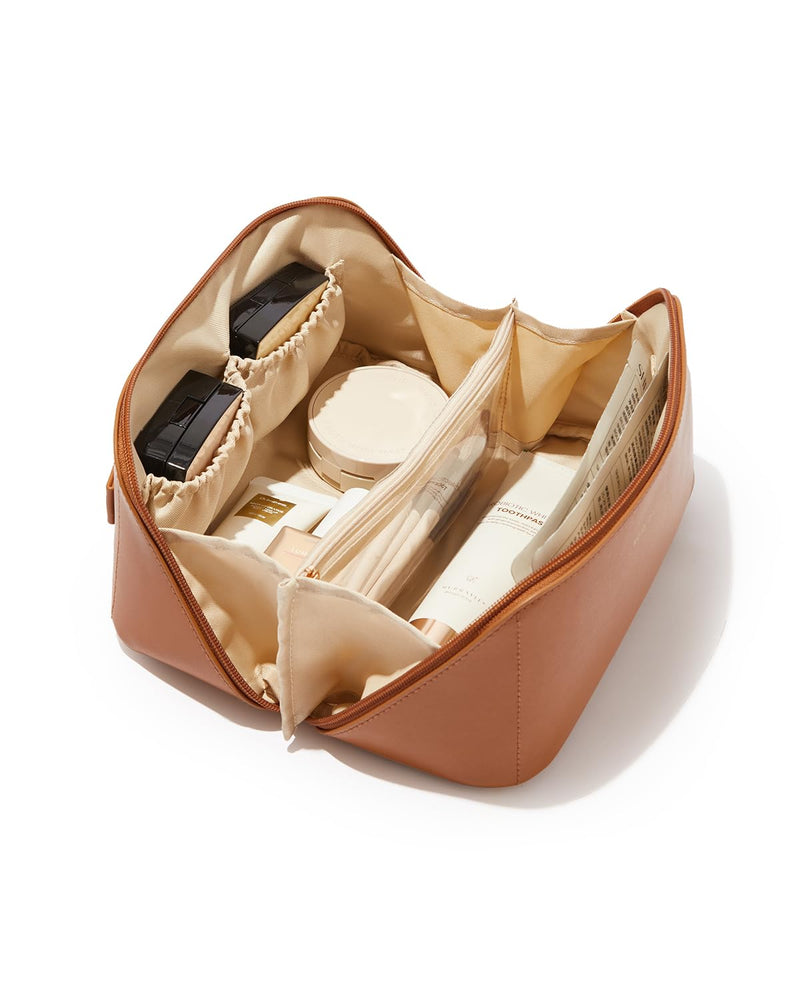 EACHY Travel Makeup Bag, Large Capacity Cosmetic Bag for Women, Waterproof PU Leather, Flat Open Portable Toiletry Bag for Skincare, Brushes &