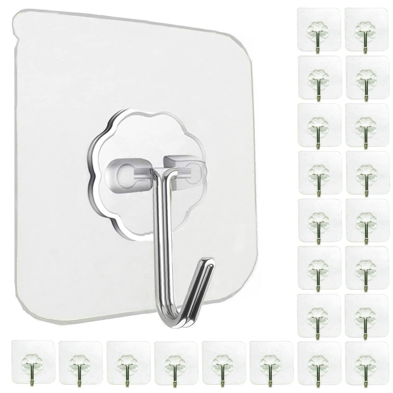 Jwxstore 24 Pack Adhesive Wall Hooks 33LB Heavy Duty No Drill Transparent Waterproof Hooks for Bathroom Kitchen Towel Coat Office Home Outdoor