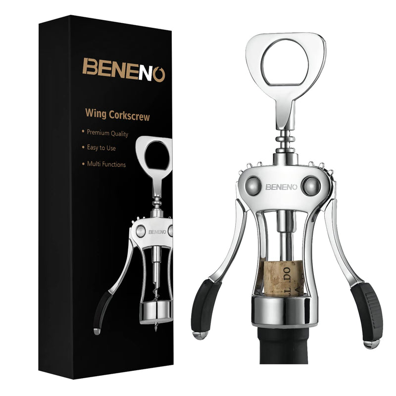 Beneno Wine Opener, Zinc Alloy Premium Wing Corkscrew with Multifunctional Bottles Opener, Sharp Wine Corkscrew with Ergonomic Non-Slip Wing
