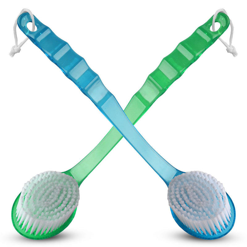 2 Pack Bath Body Brush Long Handle Back Shower Brush Exfoliating Back, Body, and Feet Scrubber Soft Nylon Bristles (Blue & Green) Blue, Green