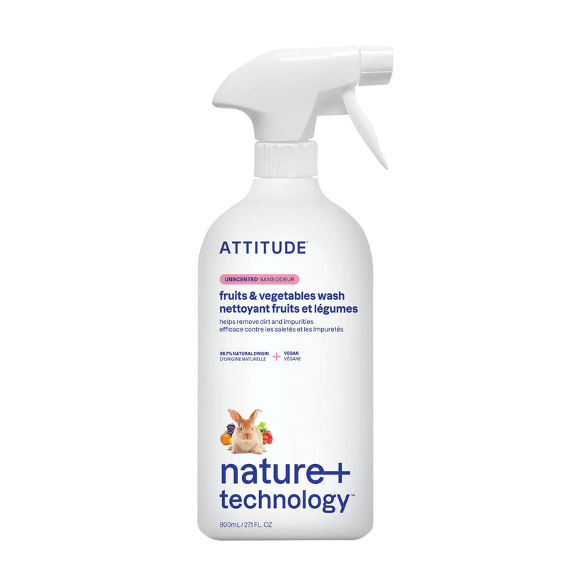 ATTITUDE Fruit & Vegetable Wash, Unscented Food-Safe Produce Wash to Remove Dirt, Wax & Residue, Vegan Plant-Based Produce Cleaner, 27.1 Fl Oz