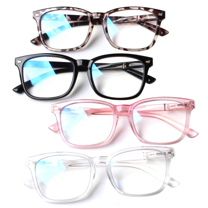 Henotin 4-Pack Blue Light Blocking Reading Glasses Women Men,Spring Hinge Computer Readers,Anti UV Ray Square Nerd Eyeglasses (Mixed Color, 1.25,