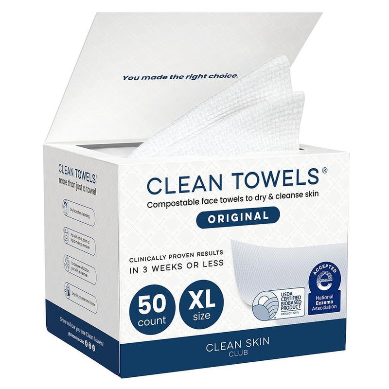 Clean Skin Club Clean Towels XL®, 100% USDA Biobased Face Towel, Disposable Face Towelette, Eczema Association Accepted, Makeup Remover Dry Wipes,