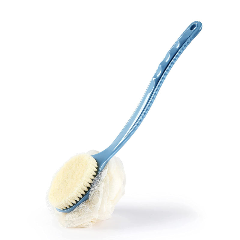 Shower Body Brush Bristles & Mesh Loofah Sponge,Curved Handle Back Scrubber Blue