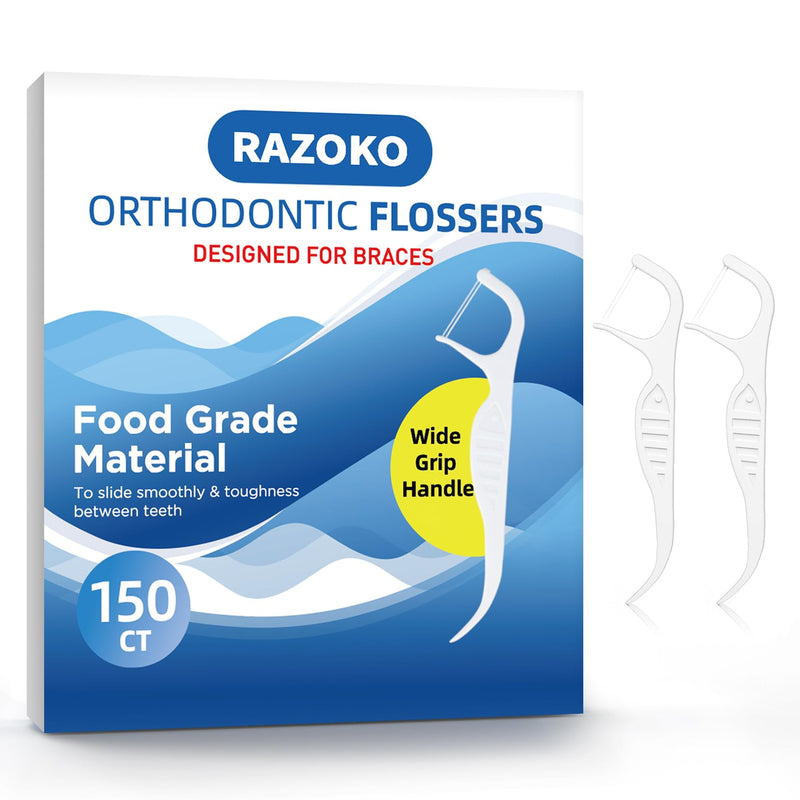 RAZOKO Orthodontic Flossers for Braces, Ortho Dental Floss Picks, Braces Flossers for Kids Teeth & Adults, Unflavored, 75 Count (Pack of 2) 150