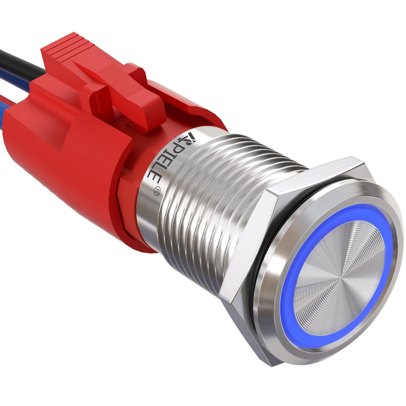 APIELE 10 Amp 16mm Latching Push Button Switch 12V Angel Eye LED Waterproof Round Self-Locking 1NO (Silver Stainless Steel, Blue) Blue Stainless Steel