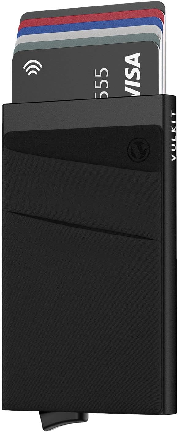 VULKIT Card Holder with Money Pocket Pop up Wallet RFID Blocking Slim Metal Bank Card Case Holds 5 Cards and Notes(Black)