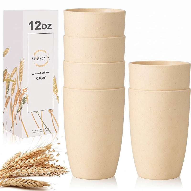 Wrova Wheat Straw Cups 6 PCS Good Alternative to Plastic Reusable Cups 12 oz Unbreakable Drinking Cup Reusable Dishwasher Safe Water Plastic