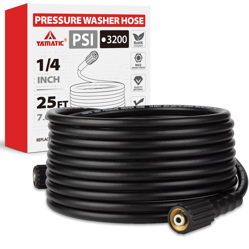 YAMATIC Pressure Washer Hose 25 FT 1/4", M22-14mm Females 25FT 3200PSI