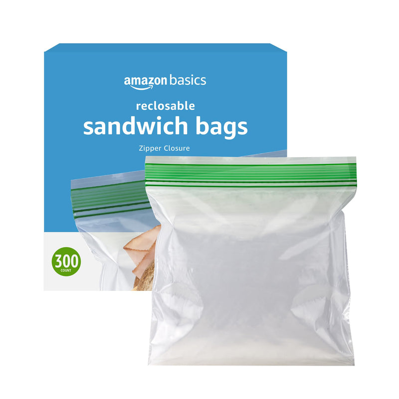 Amazon Basics Resealable Double Zipper Sandwich Storage Bags for Food Storage, 300 Count (Previously Solimo) 300 Count (Pack of 1)