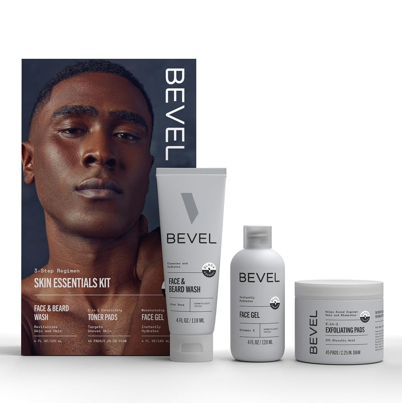 Bevel Facial Skin Care Set for Men - Mens Skincare Kit Routine Includes Face Wash with Aloe Vera, Glycolic Acid Exfoliating Pads, Lightweight Face