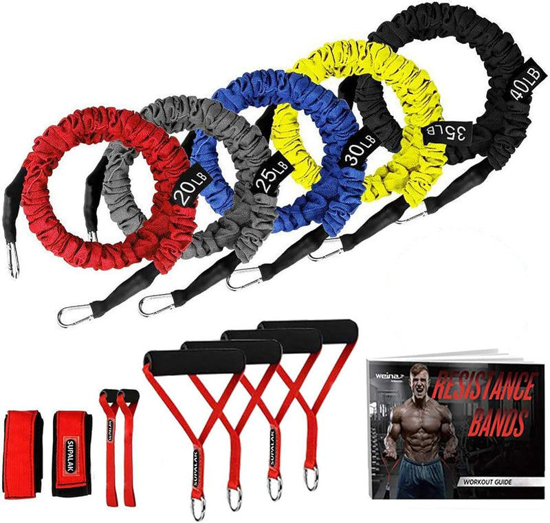 Resistance Bands, 15 Pieces Exercise Elastic Bands Set, 20Lbs to 40Lbs Resistance Tubes with Heavy Duty Protective Nylon Sleeves Anti-Snap for