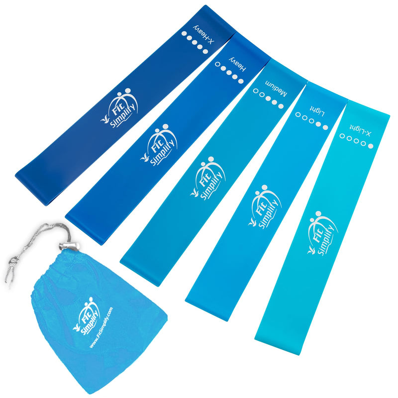 Fit Simplify Resistance Loop Exercise Bands with Instruction Guide and Carry Bag, Set of 5 Blue