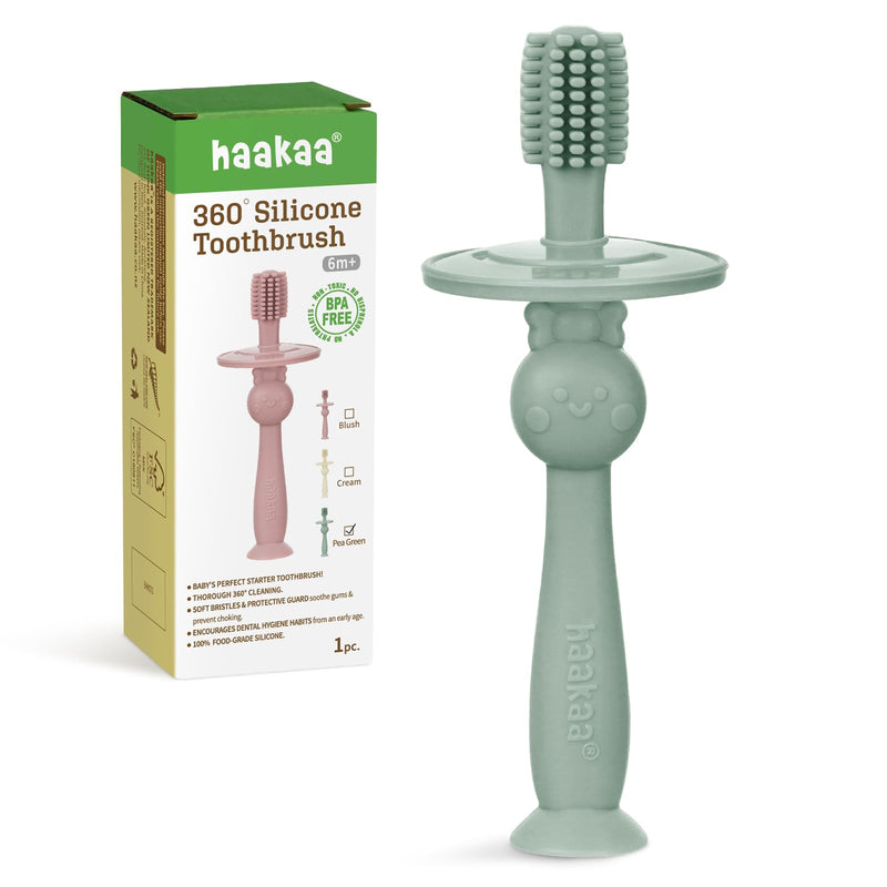 haakaa 360° Baby Toothbrush with Suction Base - Gentle Cleaning for Infant Self-Brushing Training, Food-Grade Silicone, Adjustable Safety Shield -