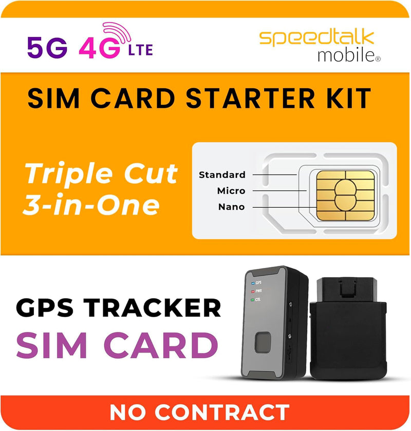 SpeedTalk Mobile GPS Tracker SIM Card Starter Kit | 3 in 1 Universal Simcard: Standard, Micro, Nano for Kids Senior Pet Car Fitness Activity 5G 4G