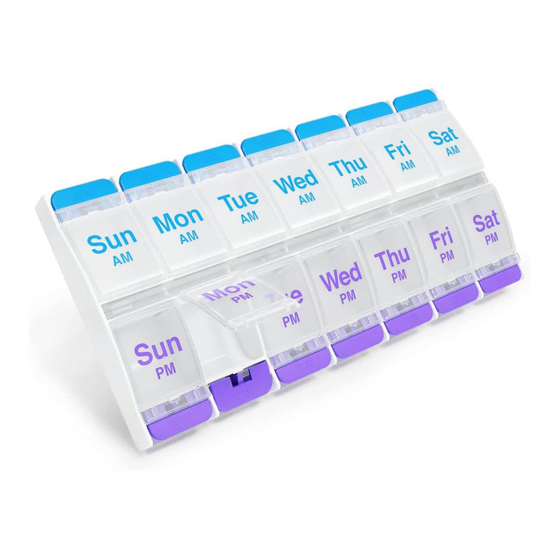 Ezy Dose Weekly (7-Day) AM/PM Pill Organizer, X-Large Case, Blue/Purple | Daily Vitamin Box & Supplement Medicine Planner, 2 Times a Day Push
