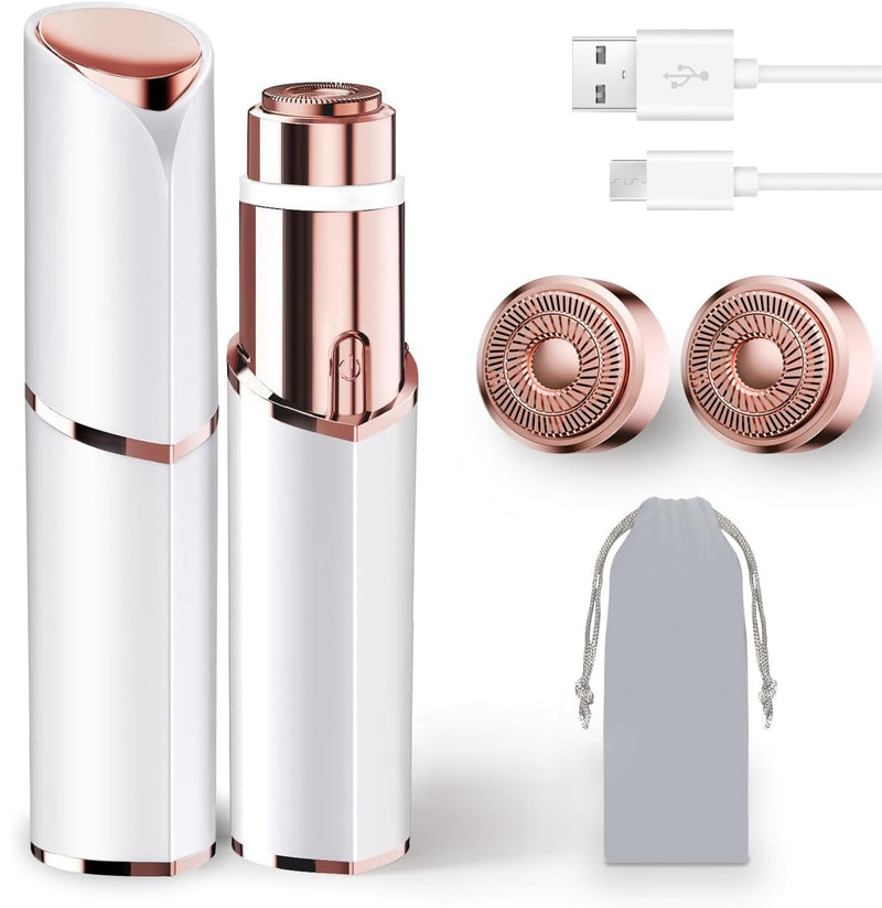Facial Hair Remover for Women, Rechargeable, 2 Replacement Heads | LED face shaver for upper lip, chin, cheeks, and peach fuzz; compact USB