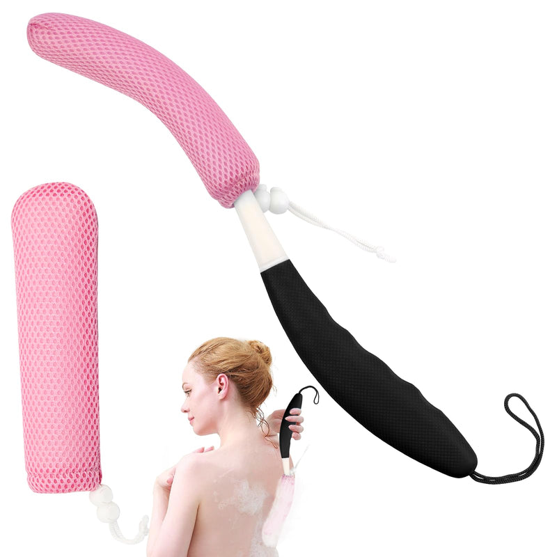 15.35" Back Bath Brush with Sponge,Back Scrubber Bath Mesh with Curved Long Handle Bath Body Brush for Elderly Aid Bathing and Shower Black+Pink