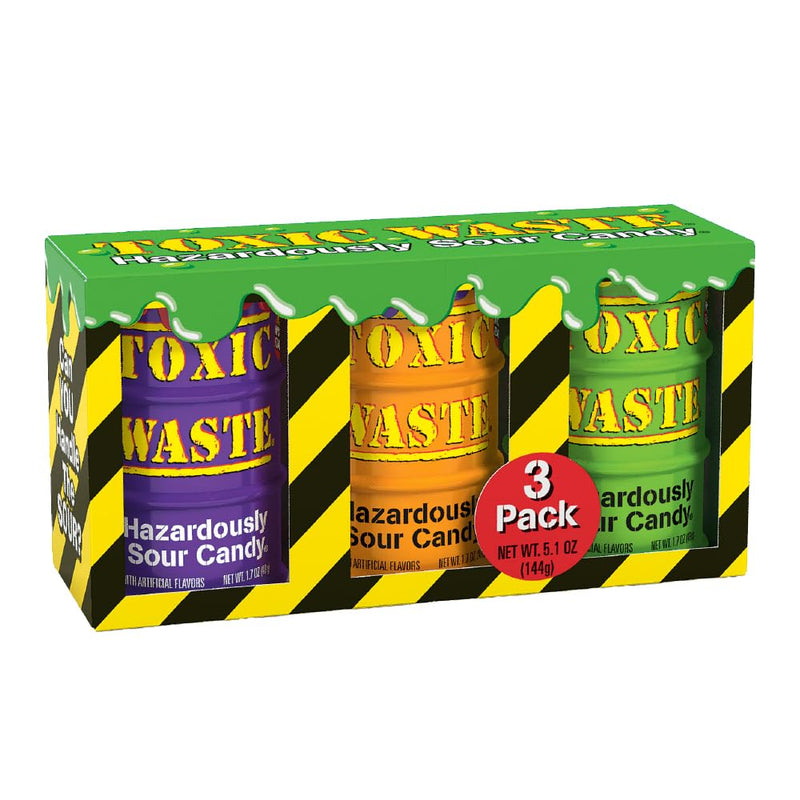 Toxic Waste Hazardously Sour Candy Drums, 5 Flavors + Mystery, 3 Pack 1.7 Ounce (Pack of 3)