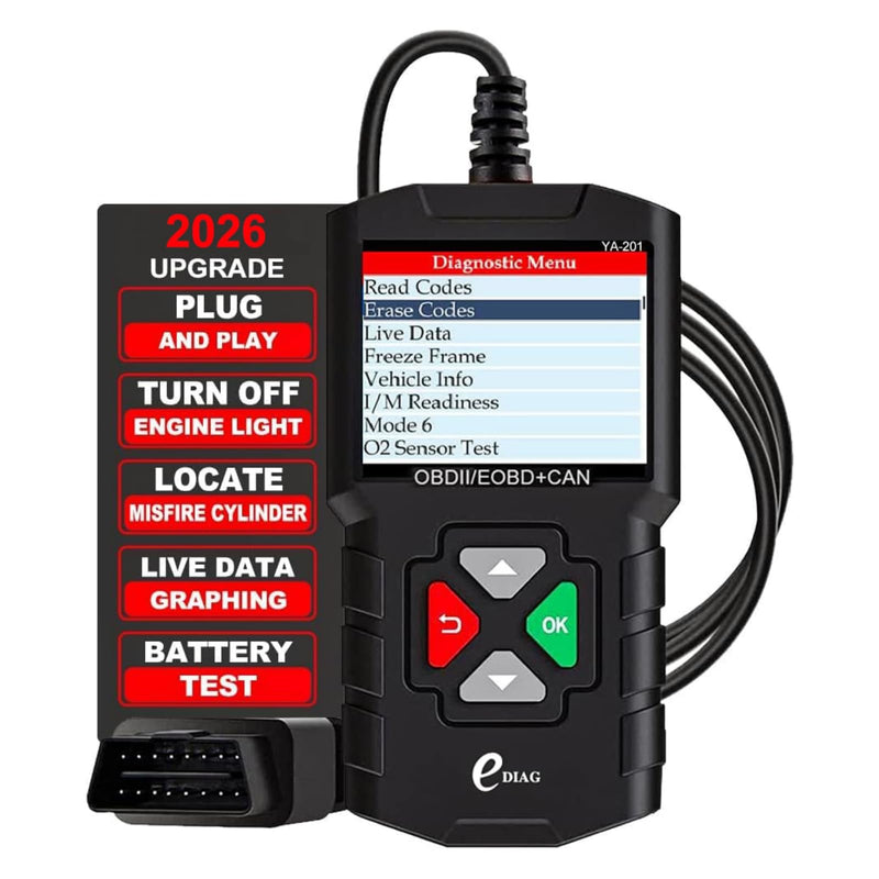 YA-201 Obd2 Scanner, Full OBD2 Modes Check Engine Code Reader After 1996 All OBDII/EOBD/KOBD/CAN Cars, O2 Sensor EVAP Systems, Battery Test,Live