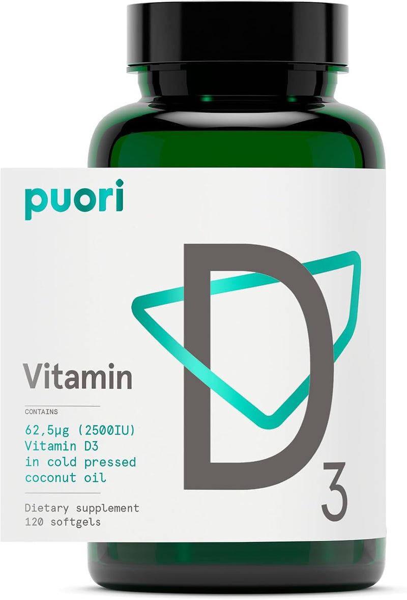 Puori Vitamin D3 with Organic Coconut Oil - 120 X 2500 IU - for Healthy Muscle Function, Bone Health, Immune Support and Calcium Uptake- Non-Gmo