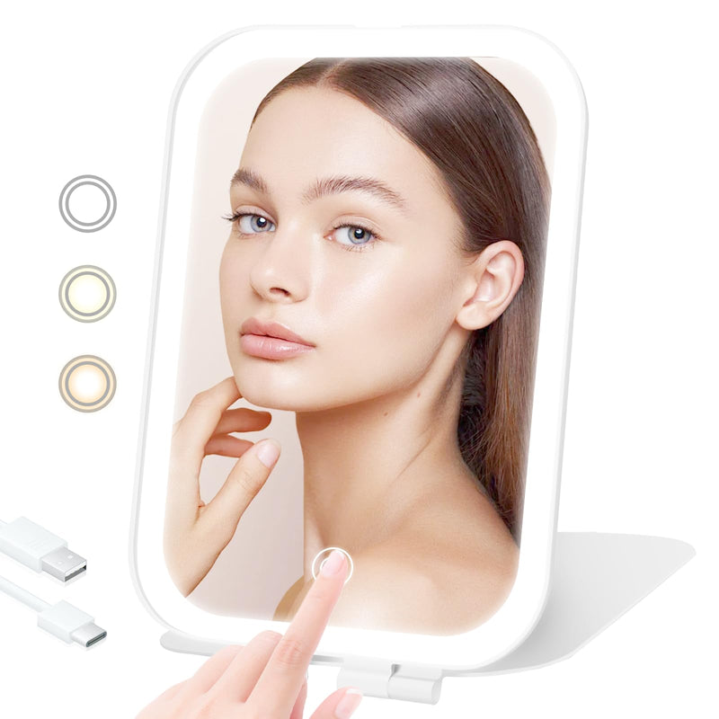 Travel Makeup Mirror, Portable Mirror with 3 Adjustable Light Settings, USB-Rechargeable Vanity Mirror with Lights,Gift for Women and Girls White