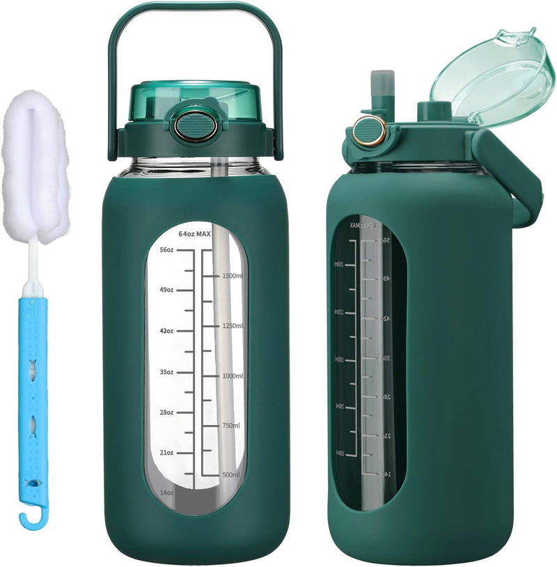 chunmo 64oz Glass Water Bolttles with Straw Half Gallon Large Motivational Water Bottle with Time Marker Sports Water Bottles with Silicone Sleeve